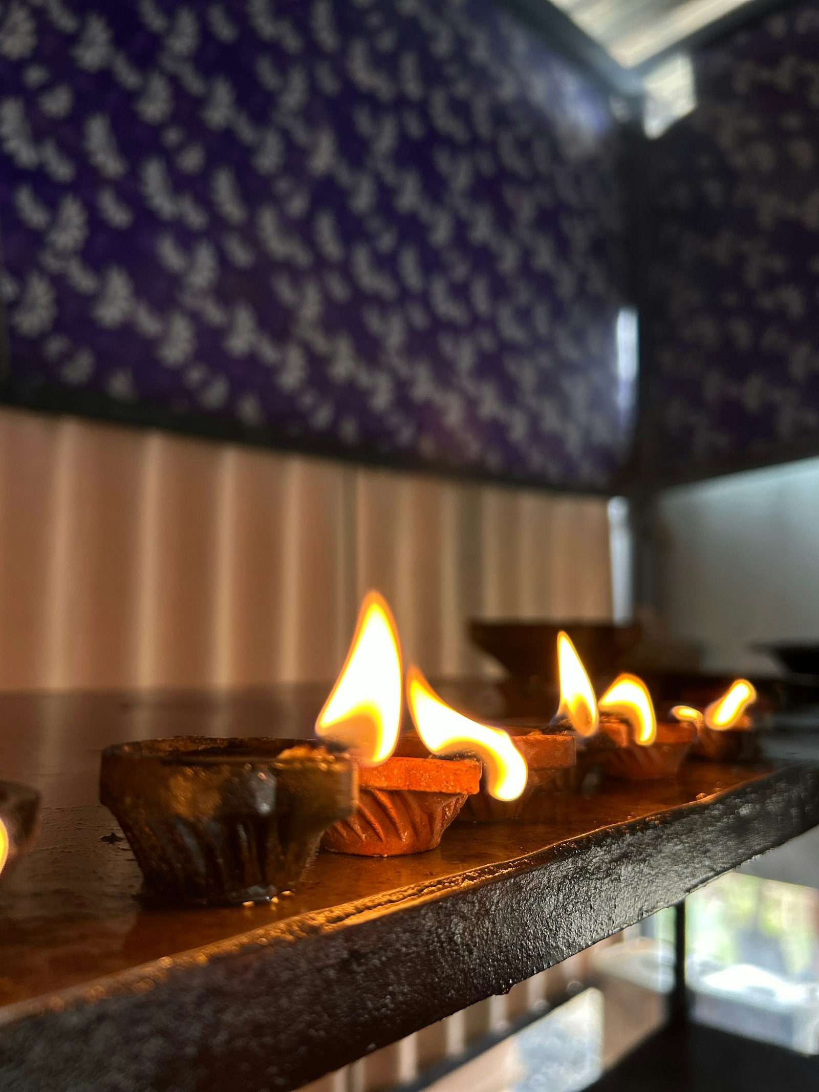 A row of lit oil lamps (diyas) glowing — the light of knowledge